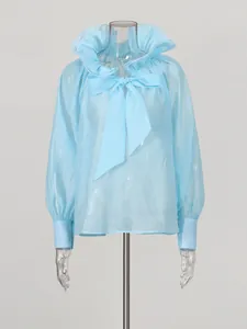 Light blue French style ruffled collar blouse with bow tie and mesh sleeves for women