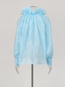 Elegant light blue French style ruffled collar mesh blouse with long sleeves and button cuffs