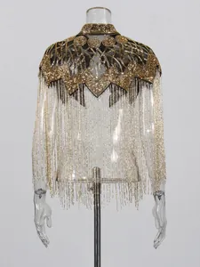 Luxe Franse cape van zwart gaas met zware gouden kralen en elegante lange franjes