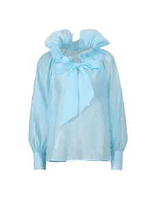 Elegant light blue sheer blouse with ruffle collar and bow tie detail long sleeves