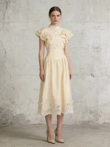 Retro Romantic Flutter Sleeve Top And High Waist A-Line Lace Skirt Top And Bottom Polyester Cotton Blend Set
