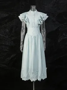 Vintage light blue two-piece skirt set with flutter sleeve top and lace hem A-line skirt