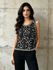 Débardeur de Luxe Français pour Femmes avec Perlage et Strass Élégant Sexy Coupe Slim Polyester Floral Paillettes Party Top