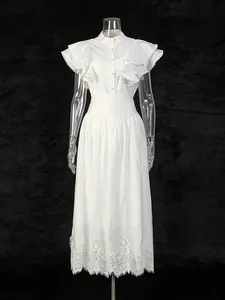 Vintage romantic white two-piece set with flutter sleeve top and high-waist skirt