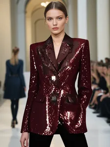 Close-up of elegant burgundy sequined blazer featuring a slim-fit V-neck design