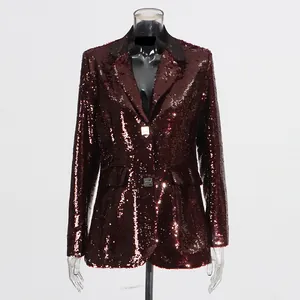 Front view detail of a stylish dark red sequined blazer with lapels and buttons