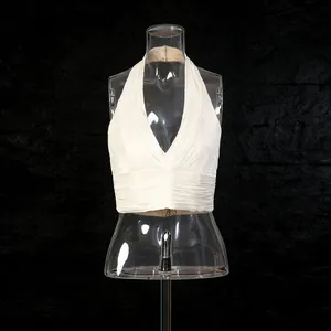 Elegant white French style halter neck sleeveless top featuring delicate pleated detail