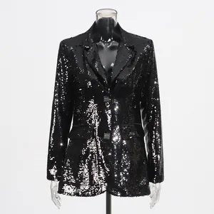 Elegant front detail of a shimmering black sequined blazer for women with V-neck design