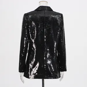Detailed back view of a stylish black sequined blazer jacket for women's evening wear