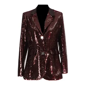 Elegante blazer bordeaux con paillettes con scollo a V e bottoni per donna