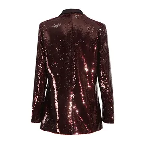 Detailed back view of a wine red sequin blazer jacket featuring sparkling texture