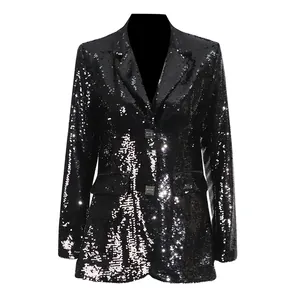 Close-up detail of a stylish black sequined blazer featuring an elegant V-neck for women