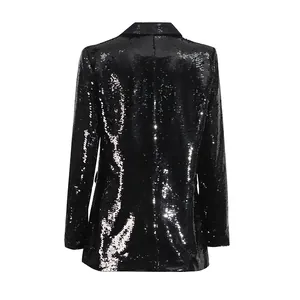 Professional back view of a glamorous black sequined blazer with slim fit for elegant women