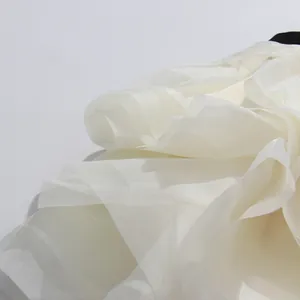 Nahaufnahme der weißen Organza-Rüschen eines eleganten französischen Puffrocks im Detail