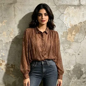Detail of French style brown lace mesh long sleeve blouse with stud collar