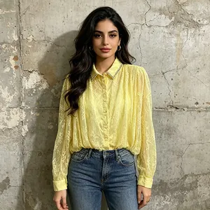 Close-up of yellow mesh lace blouse with rhinestone-embellished collar details