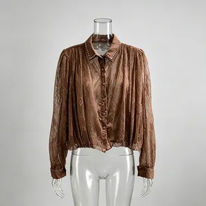 Detail of brown sheer lace long-sleeved shirt with beaded collar and pleated design