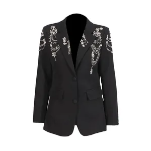 Black blazer featuring heavy rhinestone beading and crystal fringe detail