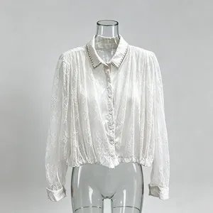 French style white mesh blouse with delicate lace texture and beaded collar detail