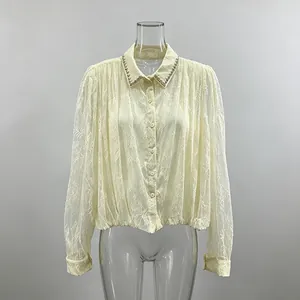 Detailed front view of French style cream mesh lace long-sleeve blouse for women.