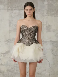 Französische Sexy Elegante Schwarze Spitze Bustier Korsett Top Oder Off-White Puffy Tüll Mesh Minirock Für Damen Bankett Party