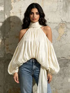 Blouse Style Français Dos Nu Épaules Dénudées pour Femmes Doux Nœud Papillon Lacets Manches Bouffantes Plissé Ample Top