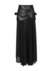 Jupe longue gothique en mesh noir avec empiècement à la taille et boucles de ceinture en cuir
