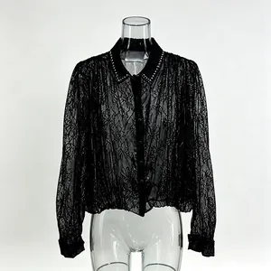 French style black lace long sleeve shirt with studded collar detail