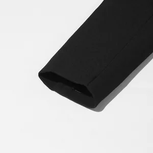 Close-up of a black blazer sleeve cuff showing fine fabric texture and stitching