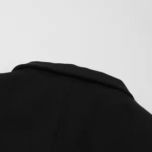 Close-up detail of the collar on a black tailored women's blazer jacket.