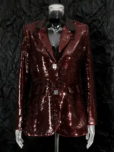 Elegant burgundy sequin blazer for women with V-neck and slim fit design on black background