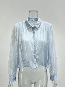 Elegant light blue French-style mesh lace long sleeve blouse with studded collar accent
