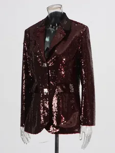 Elegant burgundy sequin blazer for women with slim fit design and V-neckline