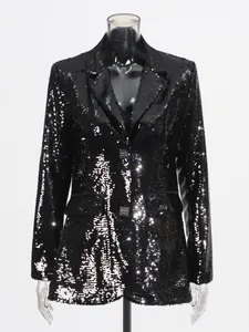 Glamorous black sequin blazer for women with a slim fit and stylish V-neck design.