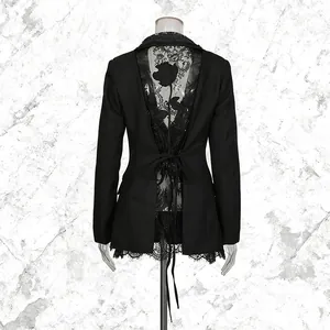 Detail of sexy black blazer with rose silhouette lace open back and slim fit design