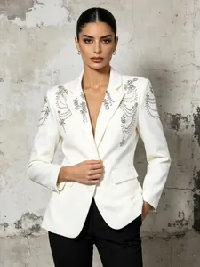 Women Western Streetwear Beaded Rhinestone Blazer Jacket Elegant Solid Color Heavy Work Suit Coat Luxury Slim Fit Outwear