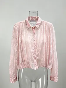Elegant French style pink mesh lace blouse with rhinestone collar.