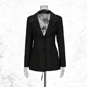 Detailed view of black slim-fit blazer with elegant lace collar for professional women