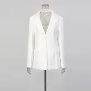 Elegant white slim fit blazer featuring a delicate lace collar and classic V-neckline