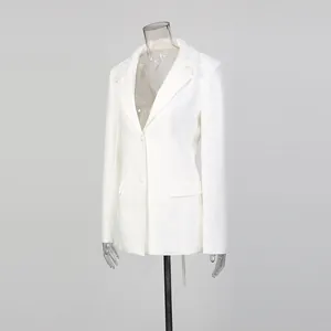Elegant white slim-fit blazer with a delicate lace collar detail and V-neck design.