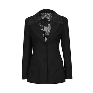 Detailed view of the hollow floral lace on a black slim-fit commuting blazer.