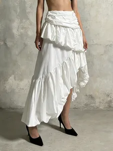 Gonna Lunga Maxi in Poliestere a Vita Alta da Donna Pieghe 3D Patchwork Irregolare Orlo a Volant Minimalista di Classe Elegante Quotidiana