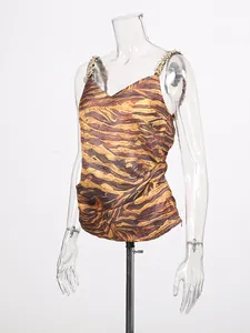 Elegantes Damen-Oberteil mit Tigermuster, schweren Strass-Trägern und V-Ausschnitt