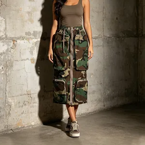 Full view of camouflage cargo midi skirt featuring large utility pockets and front zipper