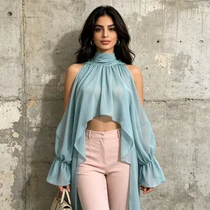 Detailed front view of French style irregular light blue chiffon top with high collar
