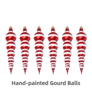 Red White Striped Gourd Finial Christmas Tree Hanging Ornaments For Holiday Home Party Decoration Painted Plastic Glitter Baubles