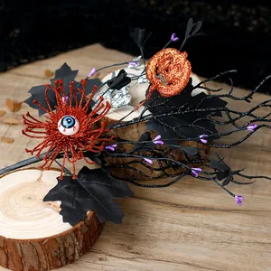 Διακοσμητικό κλαδί Halloween με κολοκύθα, φύλλα σφενδάμου και λουλούδι με γκλίτερ μάτι