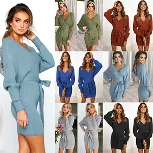 Elegant long sleeve V-neck knit mini dress with waist tie shown in multiple colors for winter