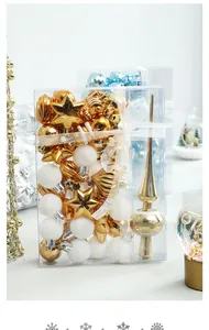 Full set of 34 gold and white Christmas tree ornaments in clear gift box packaging