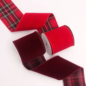Detailed view of Christmas velvet tartan ribbons in red and burgundy with plaid design